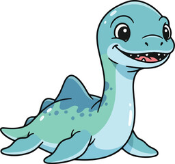 Cartoon illustration of a smiling light blue plesiosaur with flippers © aprian