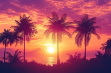 Obraz premium Tropical beach with palm trees silhouetted against a vibrant purple and orange sunset over the ocean, evoking calmness and tranquility