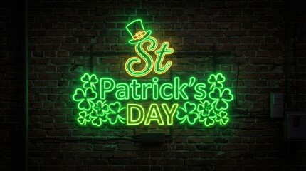 Obraz premium Happy st patricks day green illuminated sign displaying st patricks holidays text with a shamrock emblem above the lettering