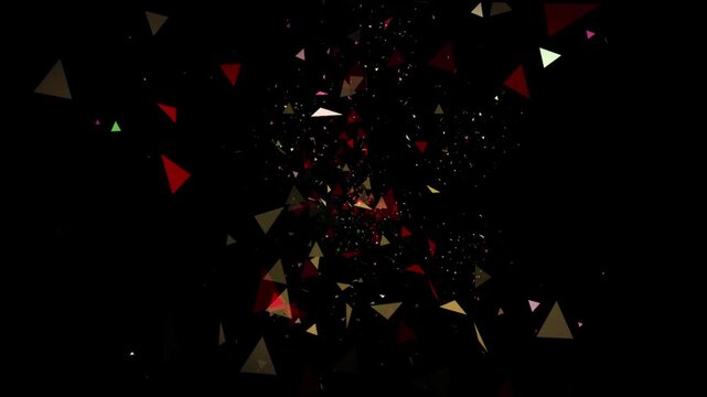 Abstract digital animation featuring shimmering colorful geometric triangle particles exploding against a dark background