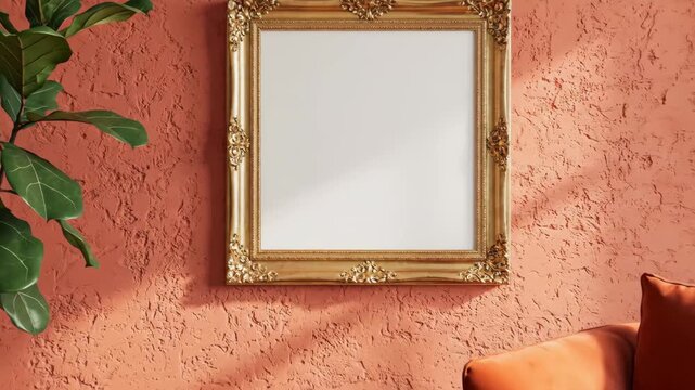 Elegant Frame on Textured Wall - A gold ornate frame hangs on a textured coral wall next to a fiddle leaf fig. An orange sofa is situated in the corner with sunlight casting shadows on the wall.