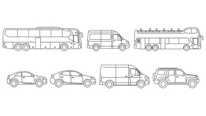 Obraz premium Diverse collection of outline illustrations depicting various modern road vehicles for transportation concepts
