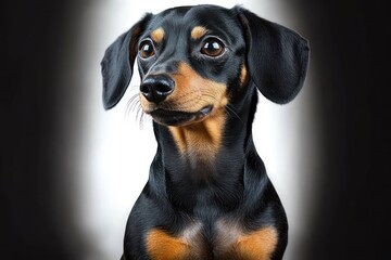 Studio portrait of a black and tan dog with floppy ears and glossy short coat, chest markings visible, calm attentive posture against a soft vignette background