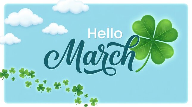 Happy st patricks day hello march lettering with a four leaf clover and small clover shapes against a light blue sky with clouds - Powered by Adobe