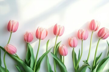 Fototapeta premium Delicate pink tulips with green leaves arranged in a row on a white background, soft sunlight and gentle shadows conveying a calm spring feeling