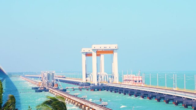 Aerial View of Pamban Rail Bridge, Tamil Nadu, India,