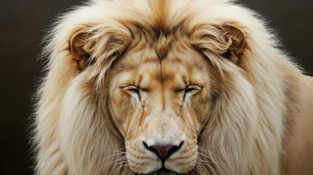 Close Up Portrait of a Majestic White Lion Against a Dark Background