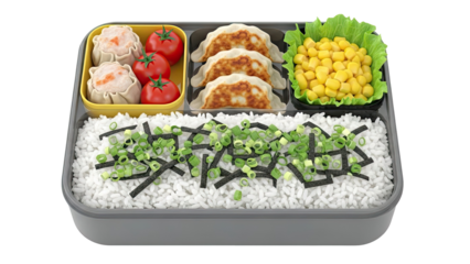 Bento box with rice, dumplings, tomatoes, corn, and dim sum