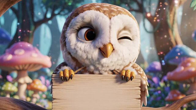 Cartoon Owl Holding Blank Sign in Enchanted Forest - A close-up, computer-generated video features a cute, cartoon owl with brown eyes and markings, holding a blank wooden sign with its talons.