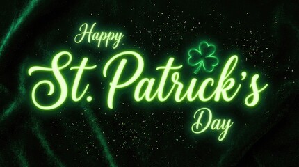 Happy st patricks day text in green with a shamrock over a dark surface with faint green shapes visible in the background