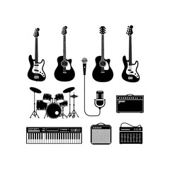 Naklejka premium Diverse musical instruments and audio equipment, featuring guitars, drums, keyboard, microphones, and amplifiers in a silhouette style.