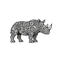 Fototapeta premium Artistic rhinoceros illustration in a powerful standing pose, featuring a thick hide decorated with intricate floral patterns, blooming flowers, and botanical leaf details across its body and horns
