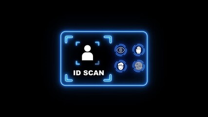 Id scan neon blue glowing rectangle with white and text on black background for identity verification and authentication purposes in futuristic technology and security concept