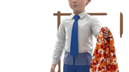 Boy in School Uniform Holding Floral Fabric