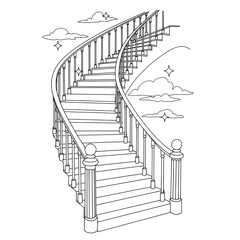 Staircase to the Sky Outlined staircase leading into sky with clouds & stars, line art style