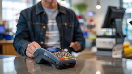 Customer making a quick contactless payment using a smartphone at a modern point of sale terminal in a store - Powered by Adobe
