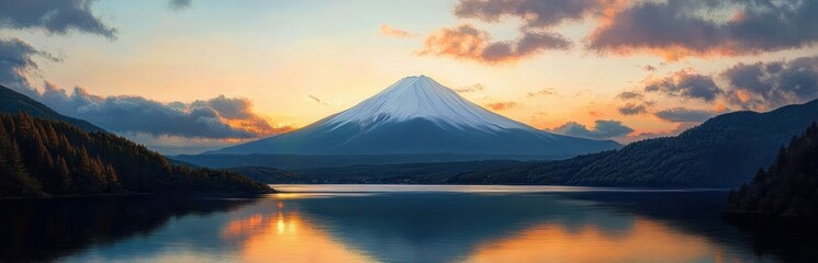 Snow-capped conical mountain at sunset reflected in a calm lake, flanked by forested hills under dramatic colorful clouds, evoking serene majestic tranquility
