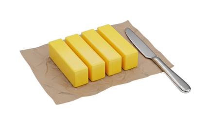 Four sticks of butter on brown paper with a knife