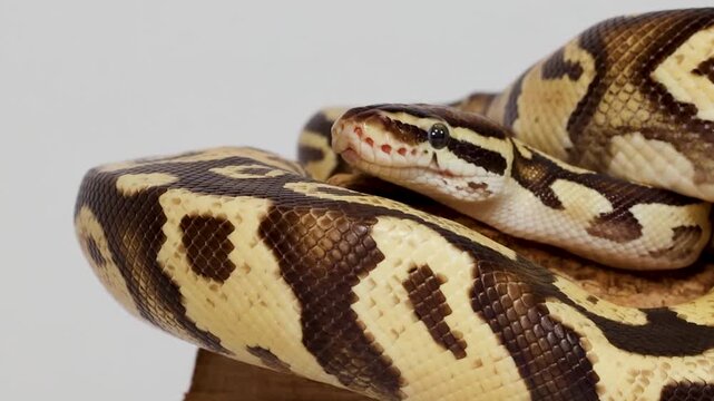 Close-up of Patterned Ball Python Resting on a Wooden Log