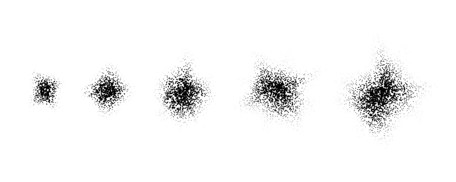 Grainy brush stroke set. Stippled noise gradient collection. Grunge sprinkle dotted spray texture. Dotted splatter overlay spots and stains.Abstract dusty sand elements. Vector gritty splashed stains