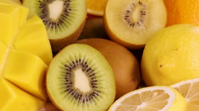 Close Up Pan of Fresh Sliced Tropical and Seasonal Fruits