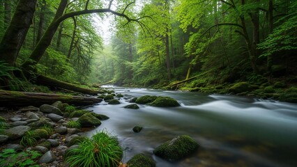Obraz premium Mossy forest stream with rocks and trees