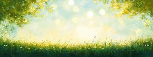 Obraz premium Sunlit grassy meadow with wild daisies and tall green grass framed by overhanging leafy branches, soft glowing bokeh in a pastel sky evoking peaceful dreamy tranquility