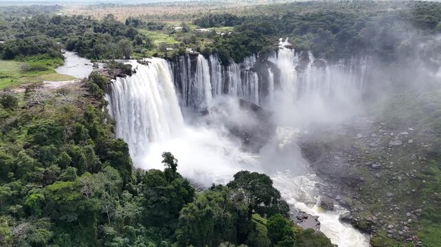 Powerful aerial close-up of the white water cascades and rising mist at Calandula Falls on the Lucala River, Calandula Municipality, Malanje Province, Angola, Africa