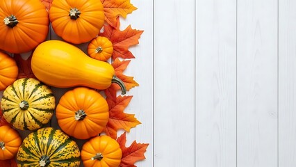 Assortment of orange and yellow pumpkins with green stripes on white wooden background with autumn leaves
