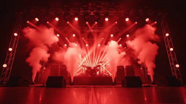 Red Stage Lighting and Smoke - The video shows an empty stage bathed in vibrant red light with billowing smoke effects.
