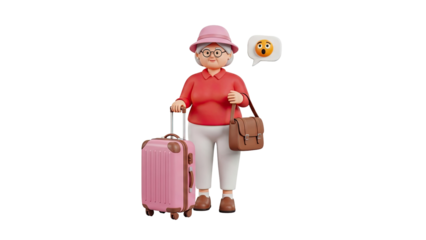 Surprised Elderly Woman with Pink Suitcase and Brown Bag