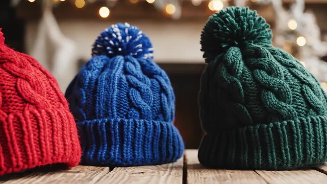 Colorful Winter Beanies - Three colorful knitted beanies with pom-poms sit on a wooden surface. The beanies are red, blue, and green, and they are arranged against a blurred background with warm