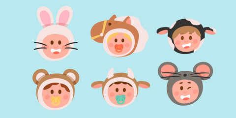Children in animal costumes portrait vector illustration