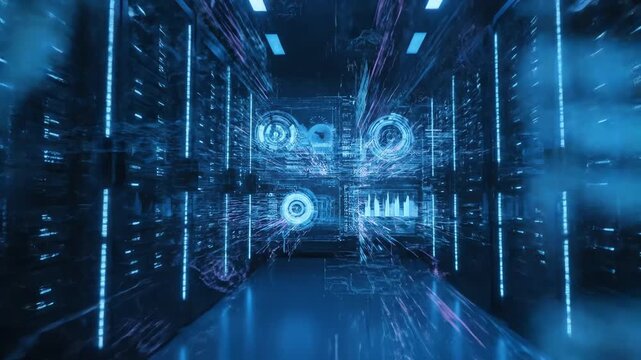 A futuristic server room with blue neon lights and data visualizations on screens in a dark, high-tech environment with a sense of motion.