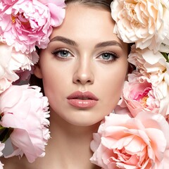 Fair-skinned woman framed by blooming pink and peach peonies, facing forward with soft, natural makeup