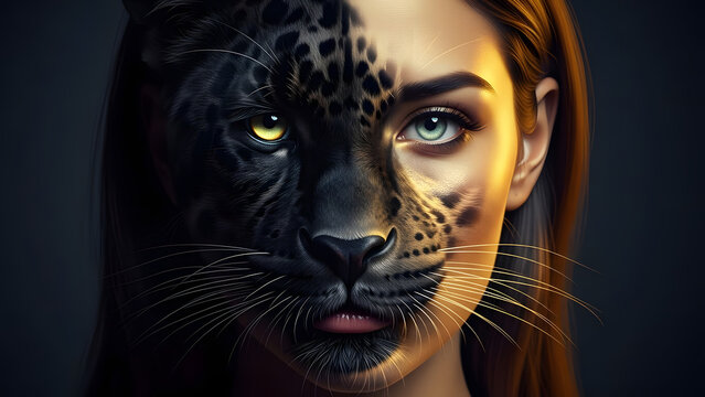 Hyper-realistic close-up portrait of a woman with a panther face subtly blended into her own, eyes perfectly aligned, black fur textures merging with smooth skin, golden highlights, dramatic studio li