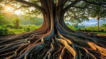 Banyan tree roots in tropical forest at sunrise