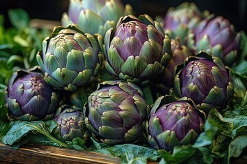 Fototapeta premium Cluster of fresh purple-green artichokes nestled on leafy greens in a rustic wooden crate, vibrant earthy abundance