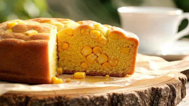 Fresh Cornbread with Coffee - A close-up shows a delicious cornbread loaf with a slice cut out, studded with corn kernels.