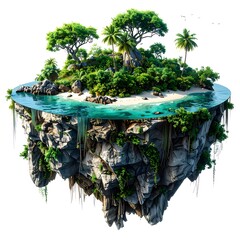 Floating island oasis turquoise water meets lush greenery on a rocky base, all suspended in mid-air