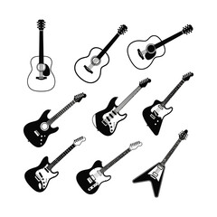 Fototapeta premium A diverse collection of nine stylized black and white guitars, featuring various acoustic and electric instrument designs.
