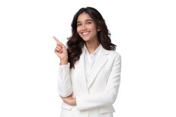 Confident Indian businesswoman in a white blazer, pointing her finger up and smiling at the camera, isolated on transparent background