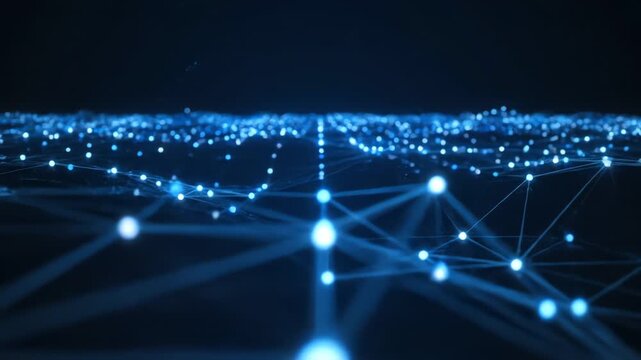 Glowing blue network connections with nodes and lines on a dark background with a cinematic lighting effect.