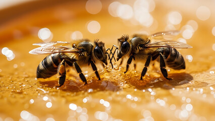 Fototapeta premium Two honey bees facing each other on a surface covered in honey