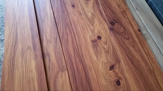 Close-up view of reddish-brown wooden planks, showing wood grain and knots