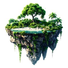 Floating island with trees, rocks, sand and water, with lush green foliage hanging off the bottom