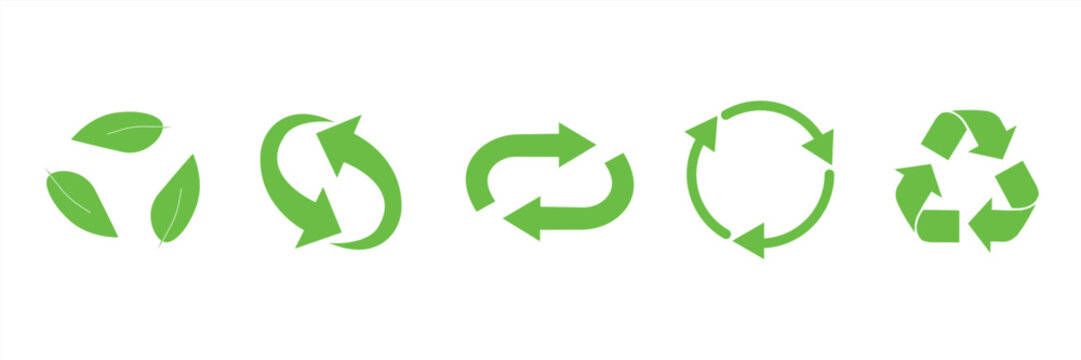 Recycle vector icon set. Arrows, heart and leaf recycle eco green symbol. Rounded angles. Recycled signs illustration isolated on white background.