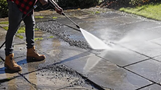 Pressure Washing a Patio - A person is using a pressure washer to clean a stone patio that is covered in dirt and moss.