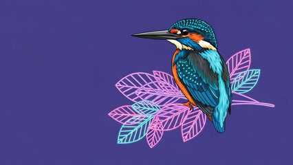 Vibrant kingfisher perched on glowing neon leaves against a deep purple backdrop