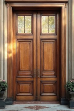 Ornate double wooden entrance doors with upper glass panes, brass handles, stone surround, marble tiled threshold and potted urn plants, warm inviting light